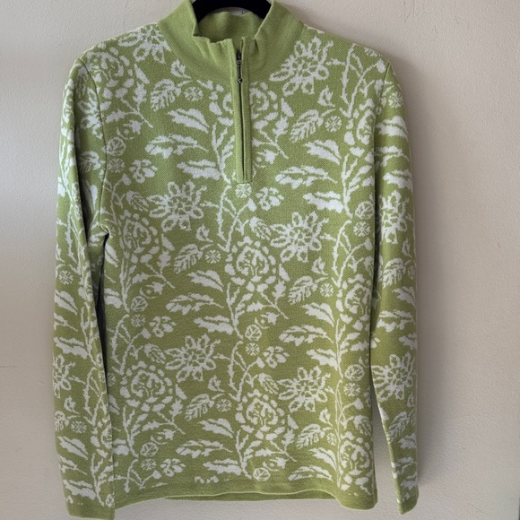 Meister Women's Green and White Floral Quarter-Zip Sweater Wool Blend Size Large - Picture 2 of 9